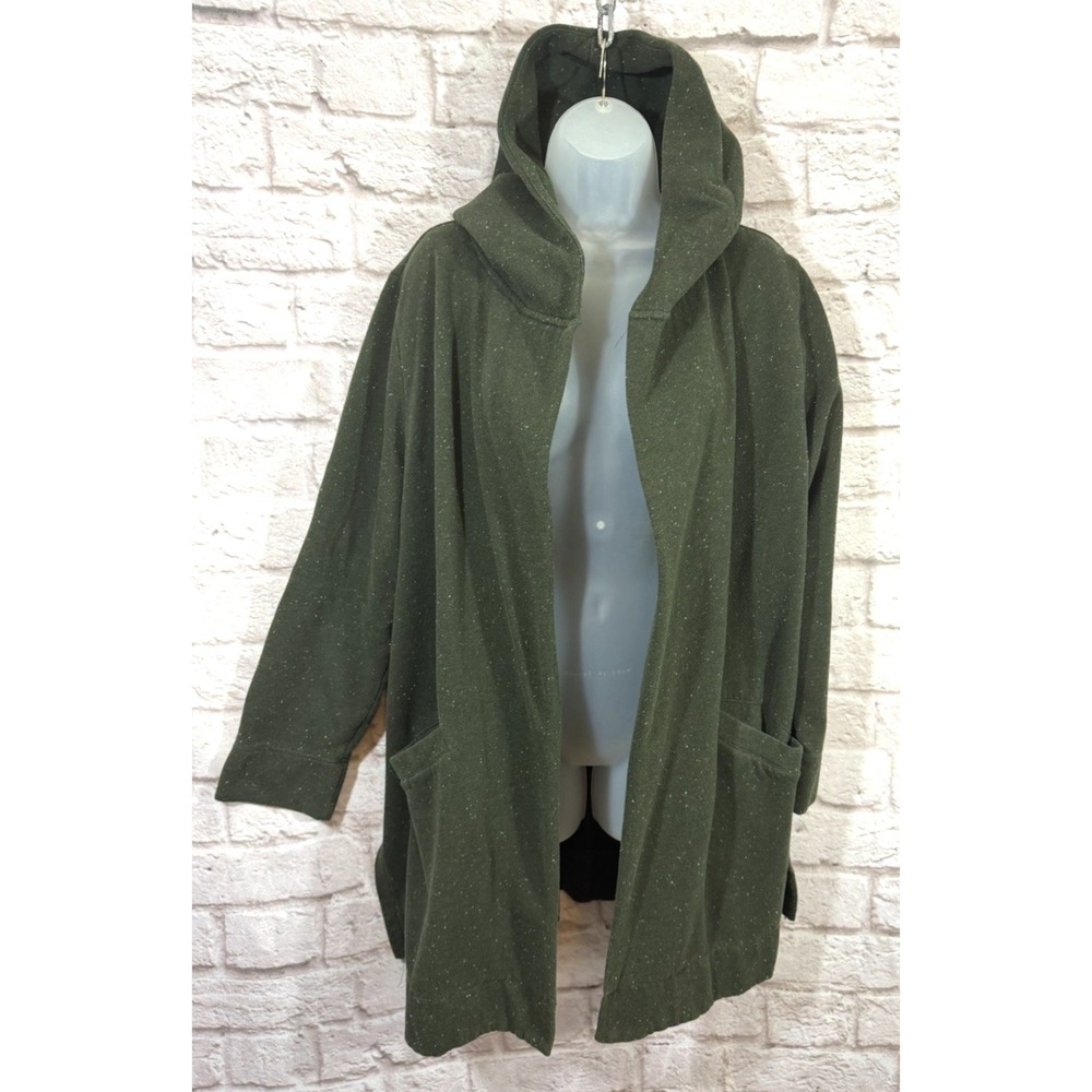 LOFT Long Thick Hooded Sweatshirt Jacket XXL Dark Green Pockets Open Front